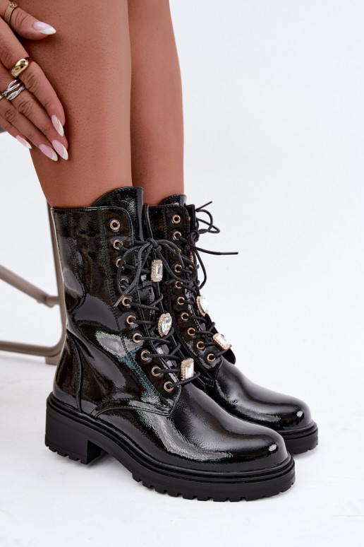 Warm women's ankle boots with patent effect in black Corisande