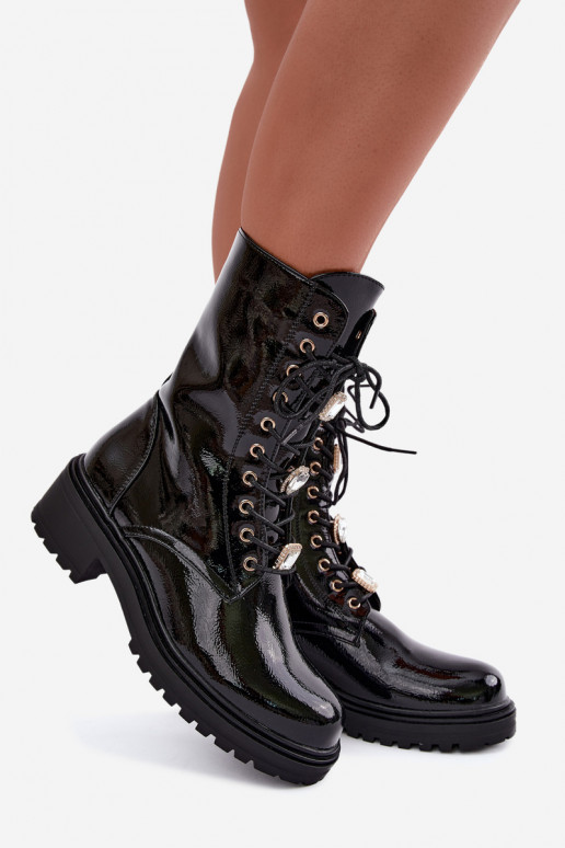 Warm women's ankle boots with patent effect in black Corisande