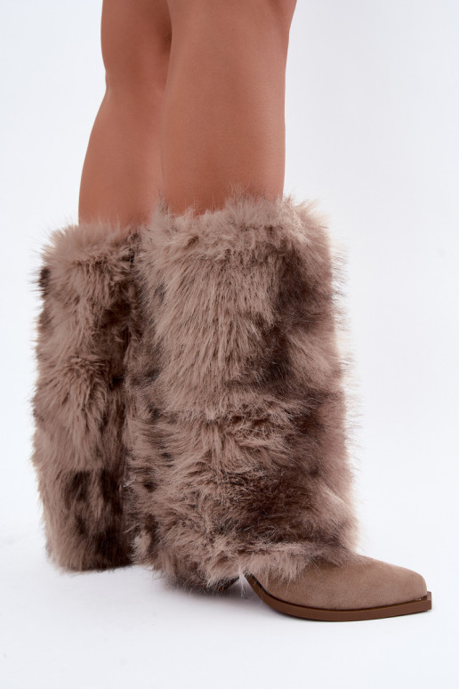Sand-colored warm over-the-knee boots with fur Saphielle