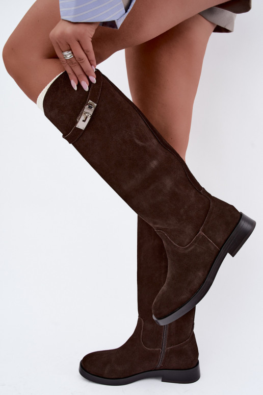 Chocolate-colored suede over-the-knee boots with decorative straps Clarimond