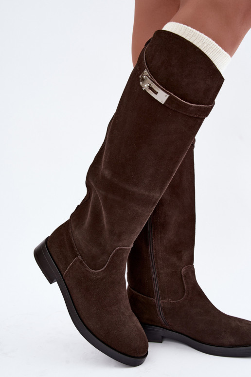 Chocolate-colored suede over-the-knee boots with decorative straps Clarimond