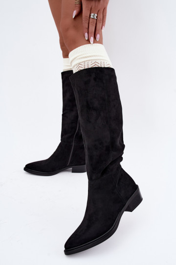 Black warm suede over-the-knee boots with low heels Philomene 2