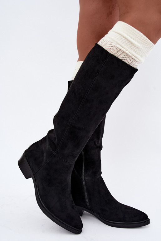 Black warm suede over-the-knee boots with low heels Philomene