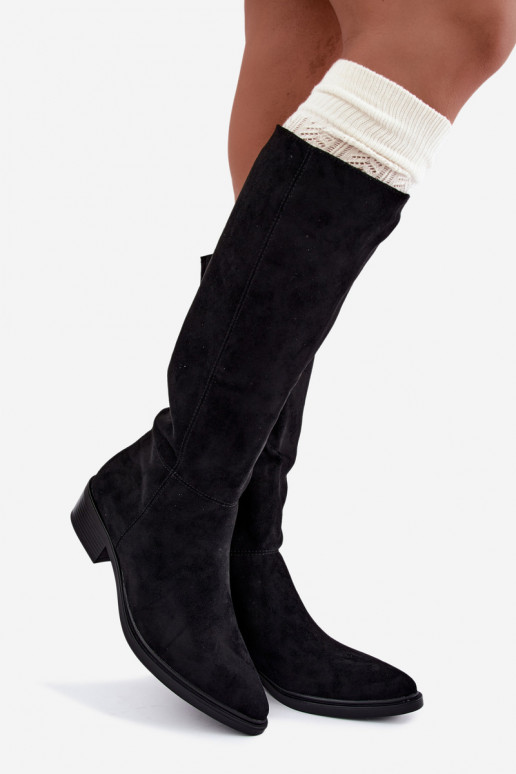 Black warm suede over-the-knee boots with low heels Philomene