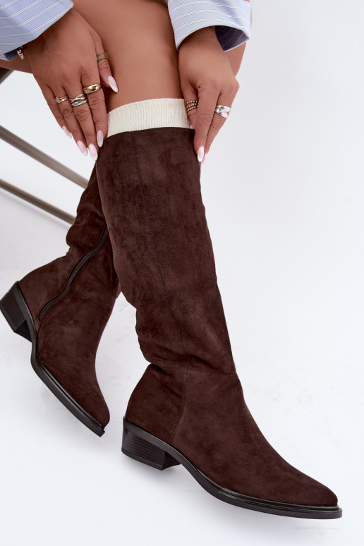 Chocolate-colored warm suede over-the-knee boots with low heels Philomene