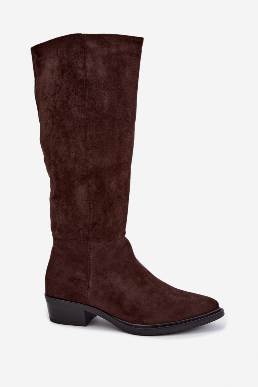 Chocolate-colored warm suede over-the-knee boots with low heels Philomene