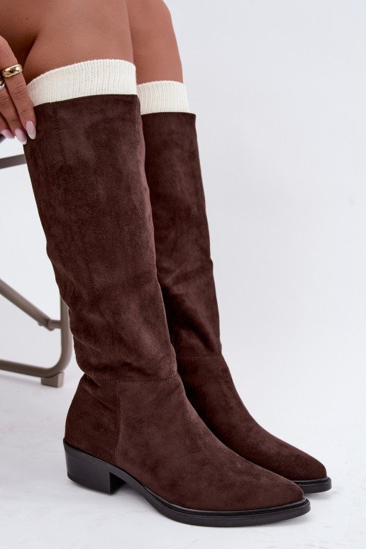 Chocolate-colored warm suede over-the-knee boots with low heels Philomene