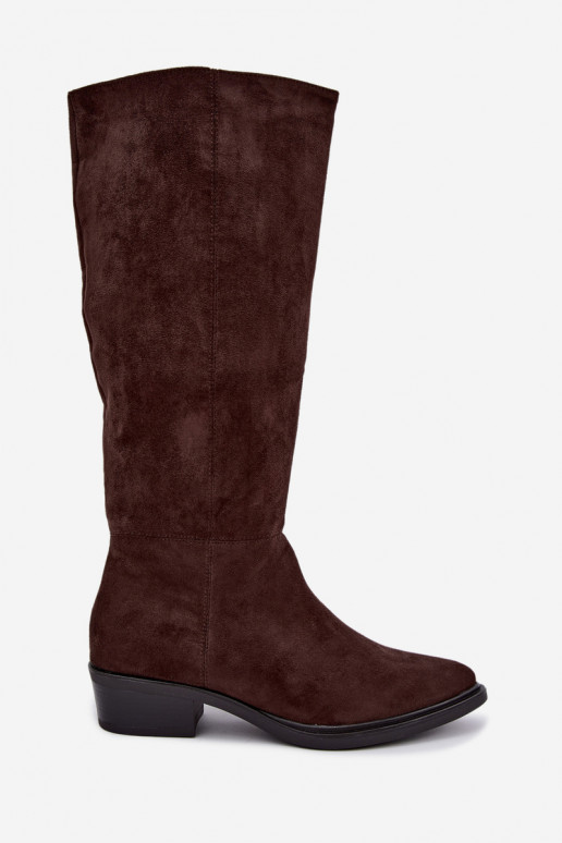 Chocolate-colored warm suede over-the-knee boots with low heels Philomene