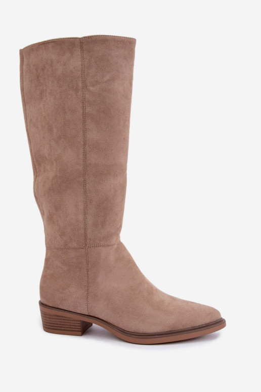 Sand-colored warm suede over-the-knee boots with low heels Philomene