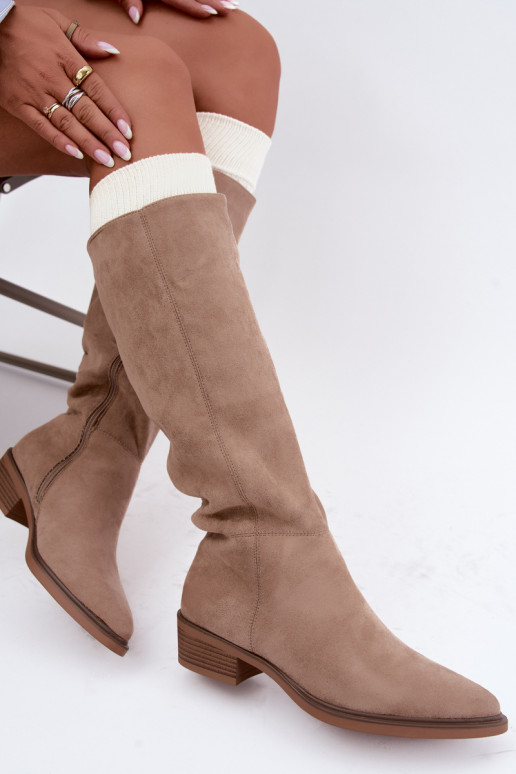 Sand-colored warm suede over-the-knee boots with low heels Philomene