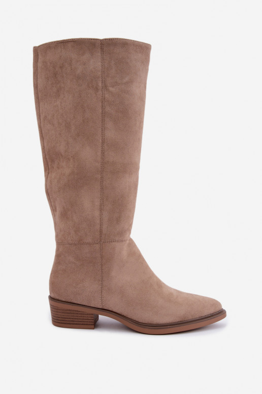 Sand-colored warm suede over-the-knee boots with low heels Philomene