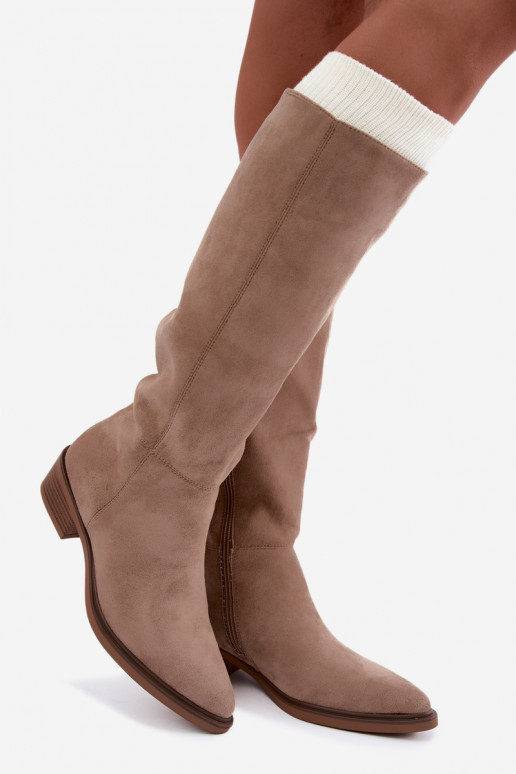Sand-colored warm suede over-the-knee boots with low heels Philomene