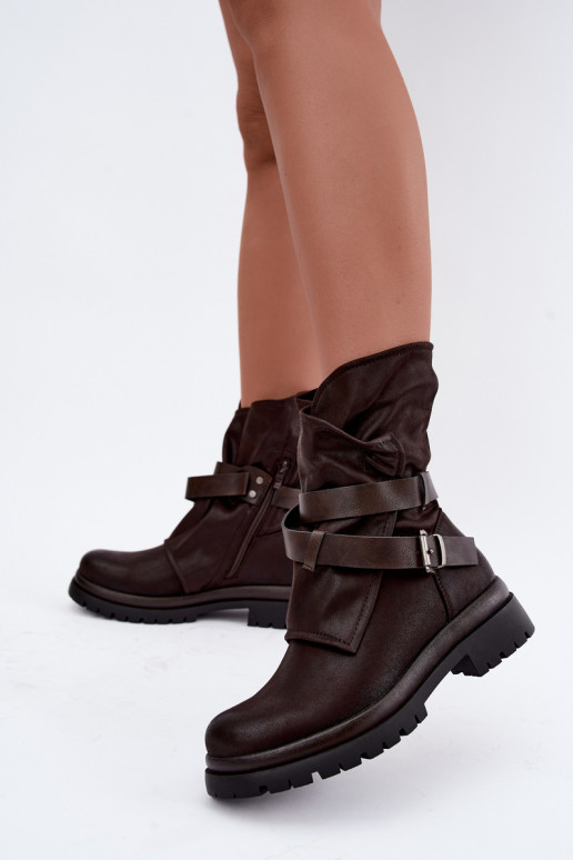 Chocolate-colored women's ankle boots with straps and buckles Dianelle