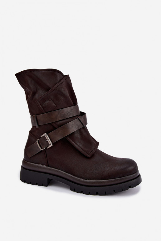 Czekoladowe damskie botki z paskami i klamrami Dianelle