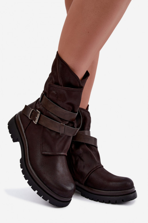 Chocolate-colored women's ankle boots with straps and buckles Dianelle