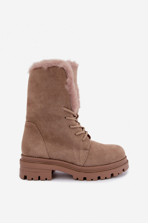 Sand-colored warm lace-up ankle boots with fur inside Heloise