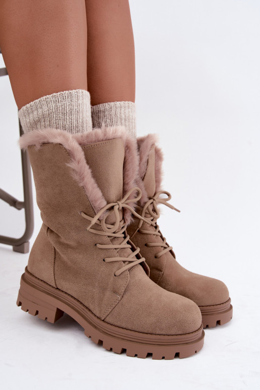 Sand-colored warm lace-up ankle boots with fur inside Heloise