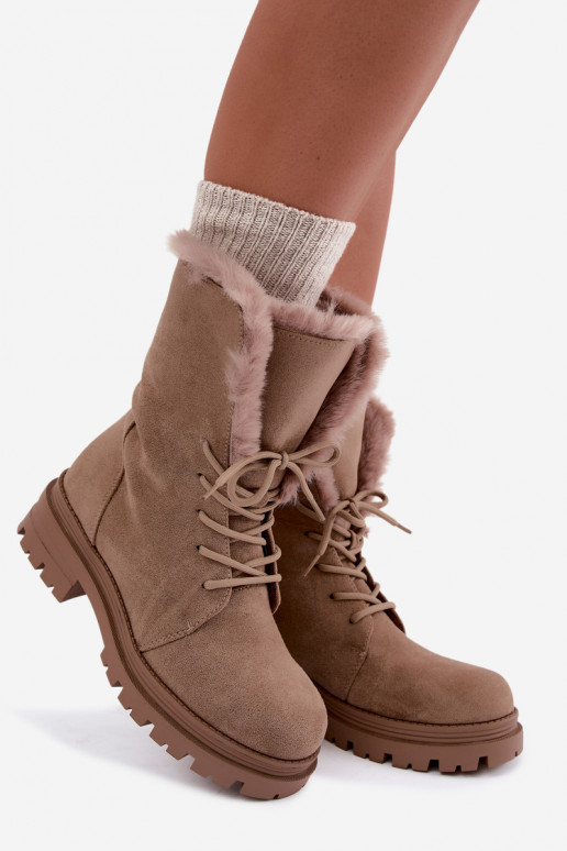 Sand-colored warm lace-up ankle boots with fur inside Heloise