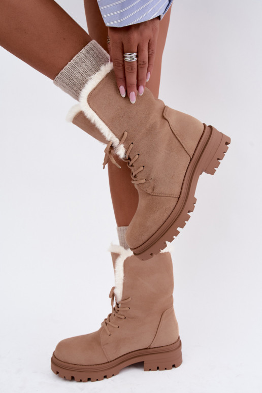 Ivory warm lace-up ankle boots with fur inside Heloise
