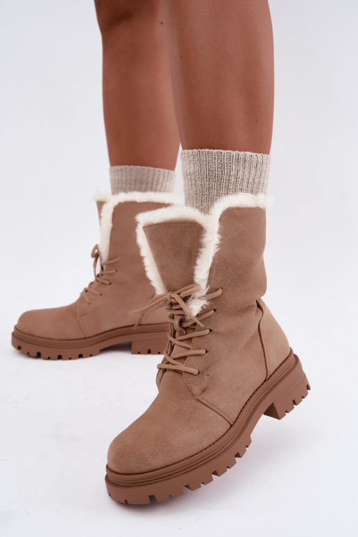 Ivory warm lace-up ankle boots with fur inside Heloise