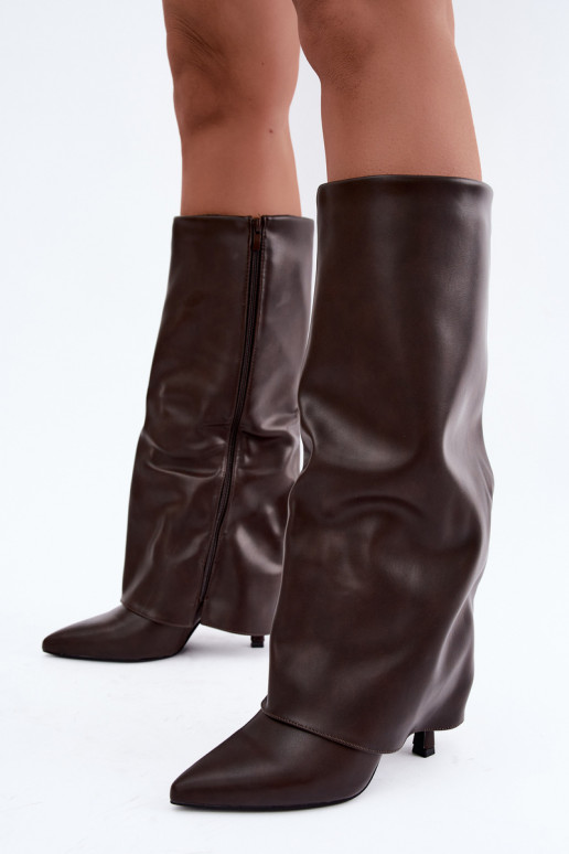 Fleece-lined knee-high boots with thin heels and a coral-colored shaft