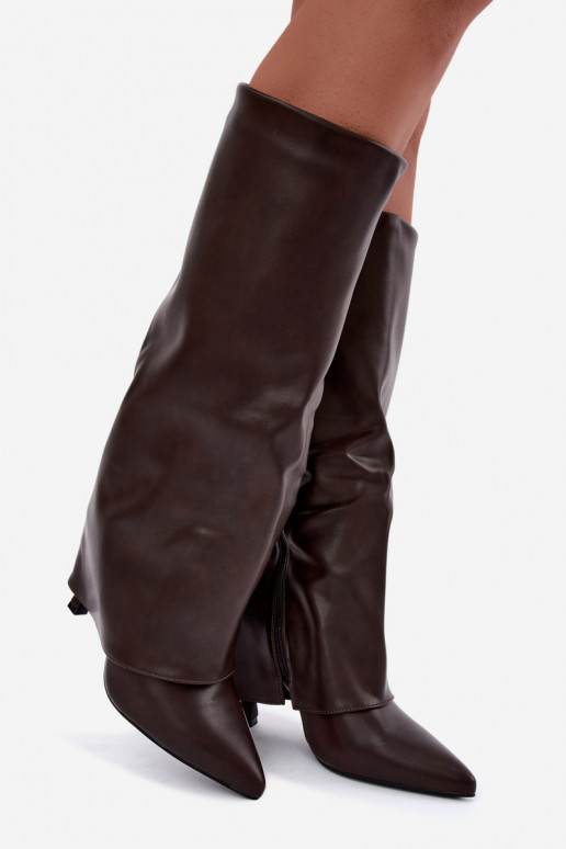 Fleece-lined knee-high boots with thin heels and a coral-colored shaft