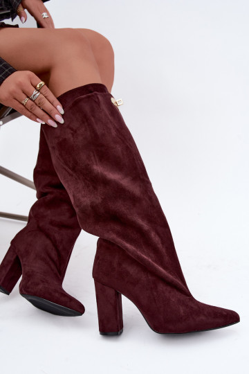Fleece-lined knee-high boots with double shaft and burgundy faux suede heels from Luminelle