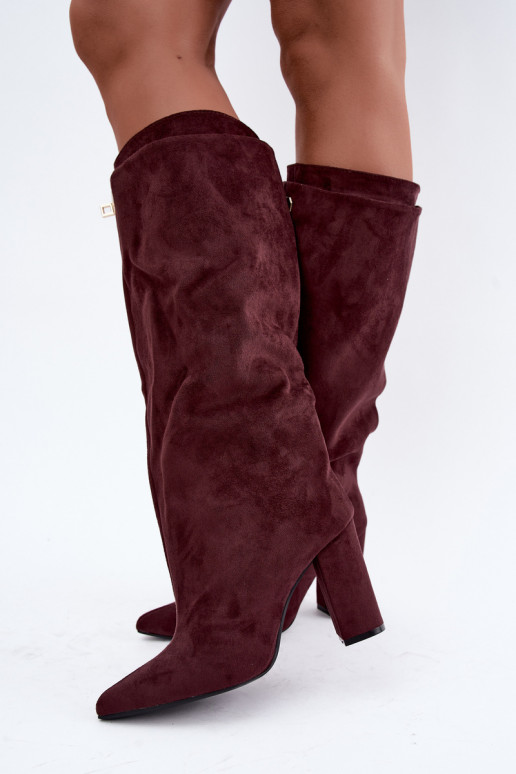 Fleece-lined knee-high boots with double shaft and burgundy faux suede heels from Luminelle
