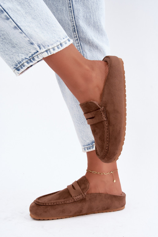 Women's moccasins with open heel, fleece-lined inside, brown color Sabrielle