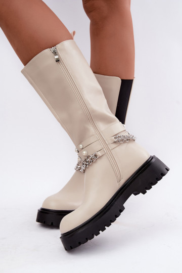 faux fur knee-high boots with platform and chains in sand color Doremi