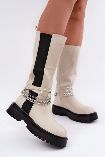 faux fur knee-high boots with platform and chains in sand color Doremi 2