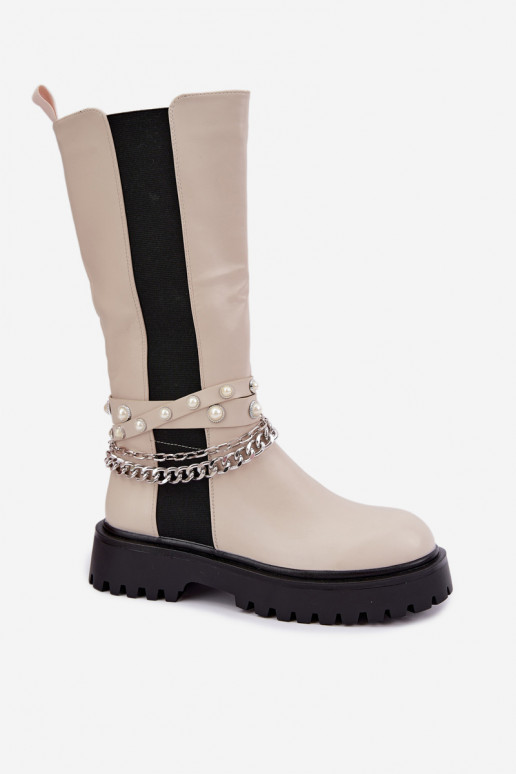 faux fur knee-high boots with platform and chains in sand color Doremi