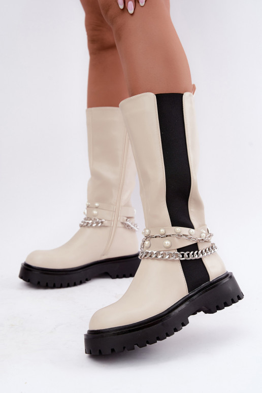 faux fur knee-high boots with platform and chains in sand color Doremi