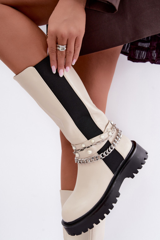 faux fur knee-high boots with platform and chains in sand color Doremi