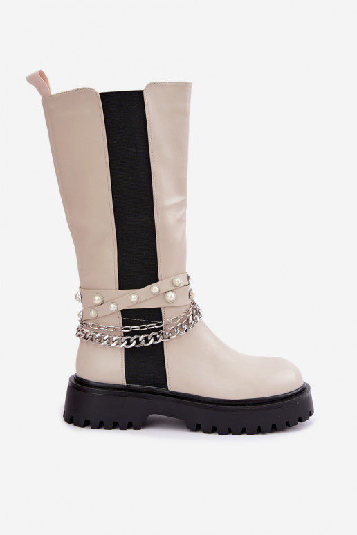 faux fur knee-high boots with platform and chains in sand color Doremi