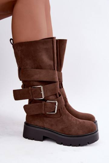 faux fur knee-high boots with platform and buckles in brown color Palomae