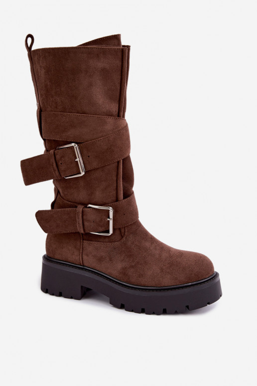 faux fur knee-high boots with platform and buckles in brown color Palomae