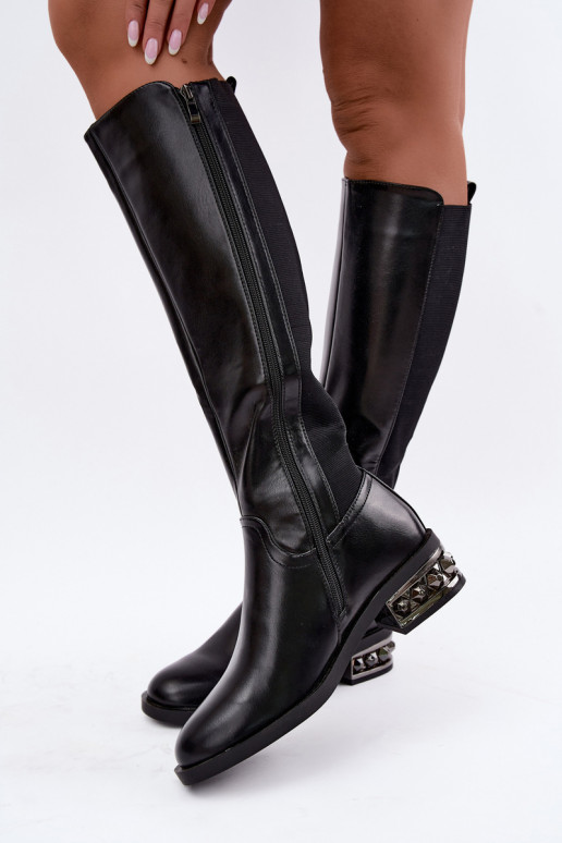 faux fur knee-high boots with heels and beautiful details in black color Emani