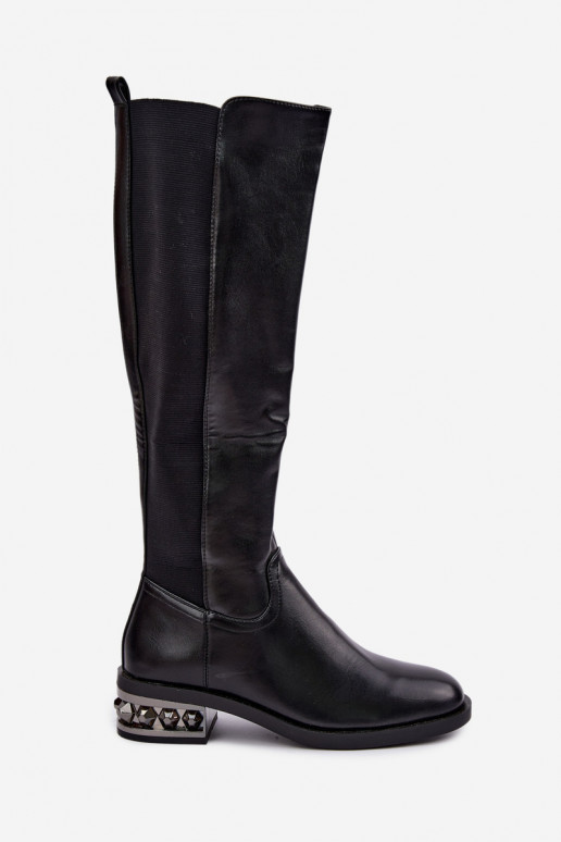 faux fur knee-high boots with heels and beautiful details in black color Emani