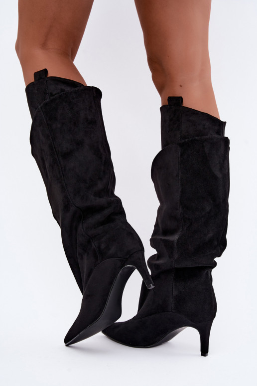 faux fur knee-high boots with ruffles and thin heels in black color Auretta