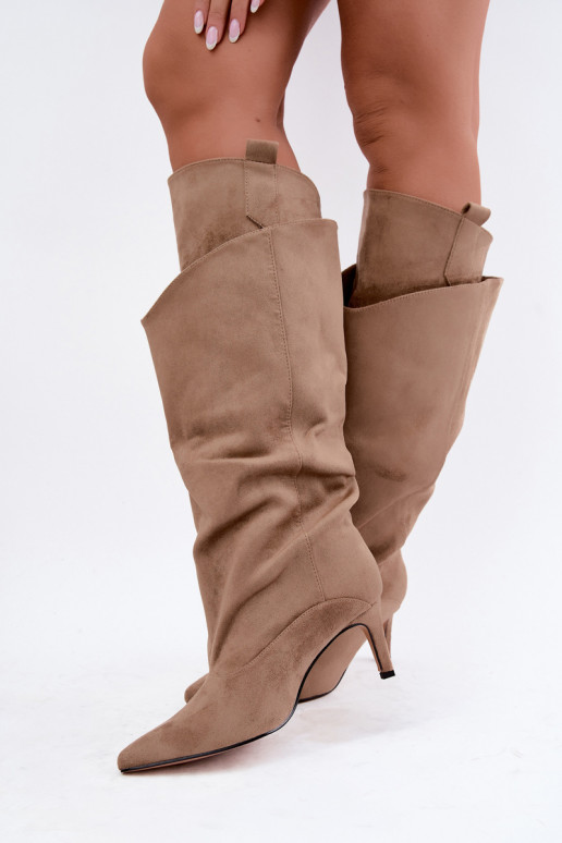 faux fur knee-high boots with ruffles and thin heels in sand color Auretta