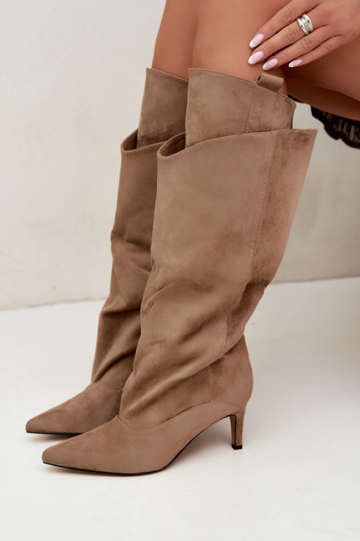faux fur knee-high boots with ruffles and thin heels in sand color Auretta