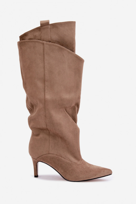 faux fur knee-high boots with ruffles and thin heels in sand color Auretta