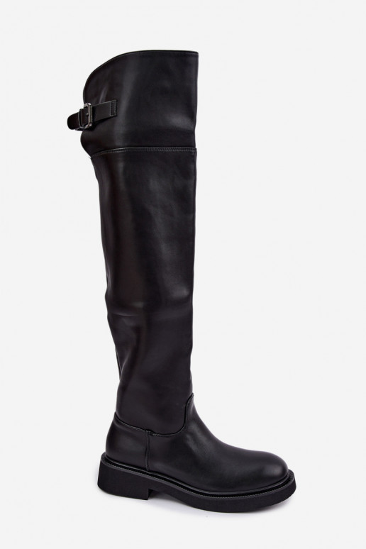 faux fur knee-high boots with flat heel above the knee and buckles in black color Bonira