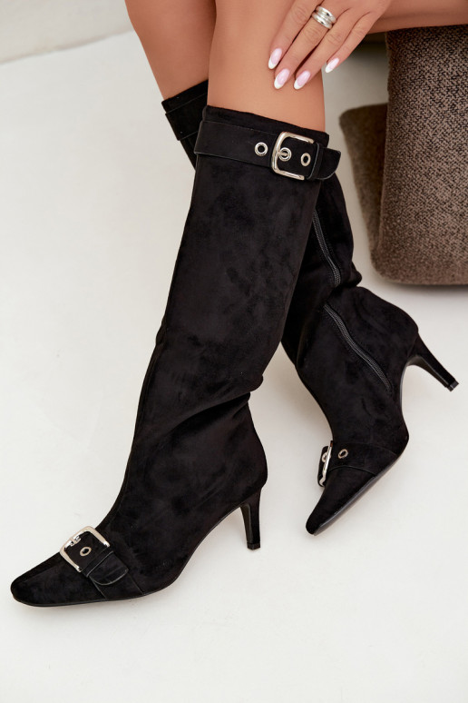 faux fur knee-high boots with thin heels and buckles in black color Finessia