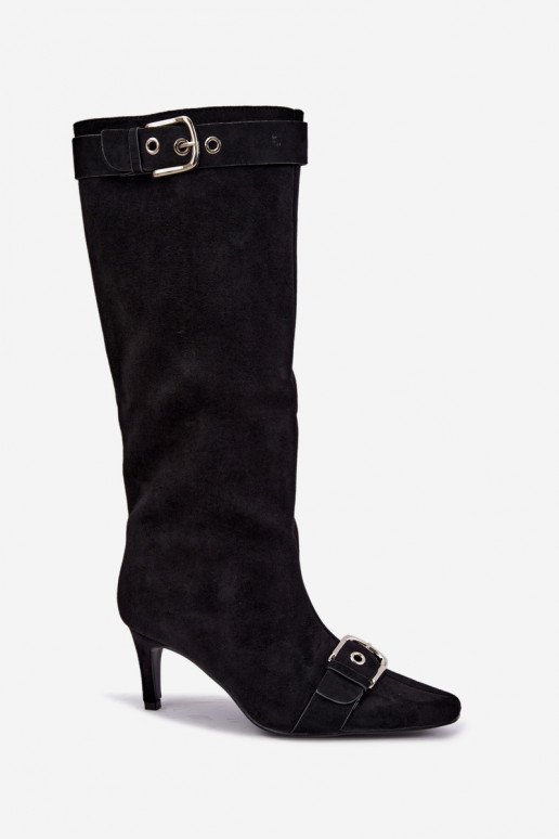 faux fur knee-high boots with thin heels and buckles in black color Finessia