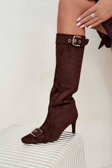 faux fur knee-high boots with thin heels and buckles in brown color Finessia 2