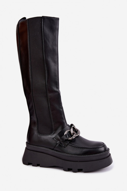faux fur knee-high boots with platform and chains in black color Koraia