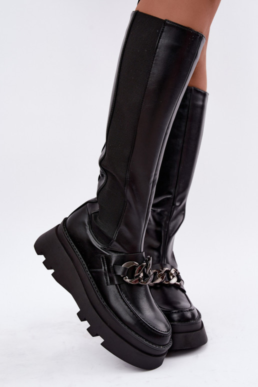 faux fur knee-high boots with platform and chains in black color Koraia
