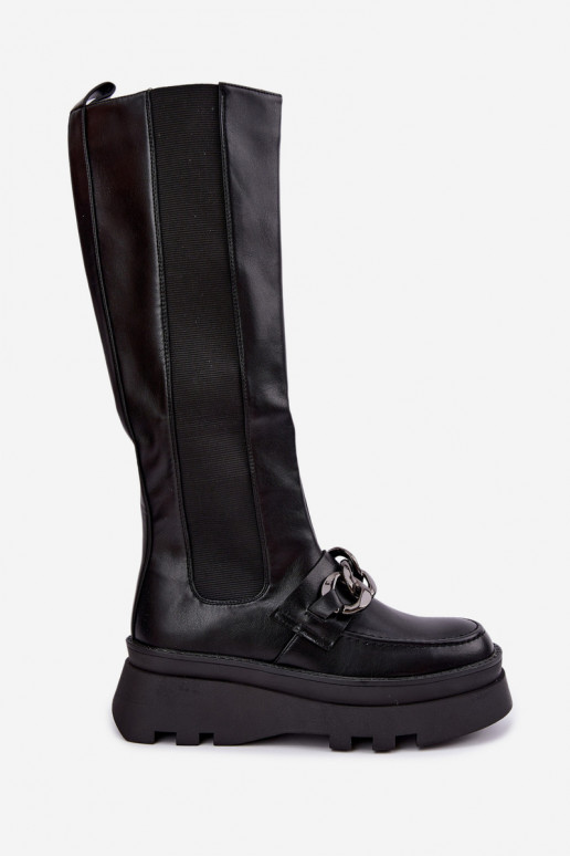 faux fur knee-high boots with platform and chains in black color Koraia